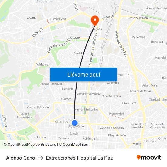 Alonso Cano to Extracciones Hospital La Paz map