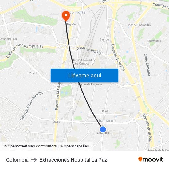Colombia to Extracciones Hospital La Paz map