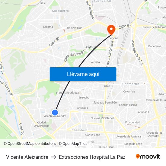 Vicente Aleixandre to Extracciones Hospital La Paz map