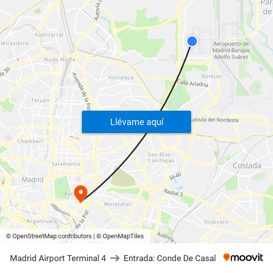 Madrid Airport Terminal 4 to Entrada: Conde De Casal map