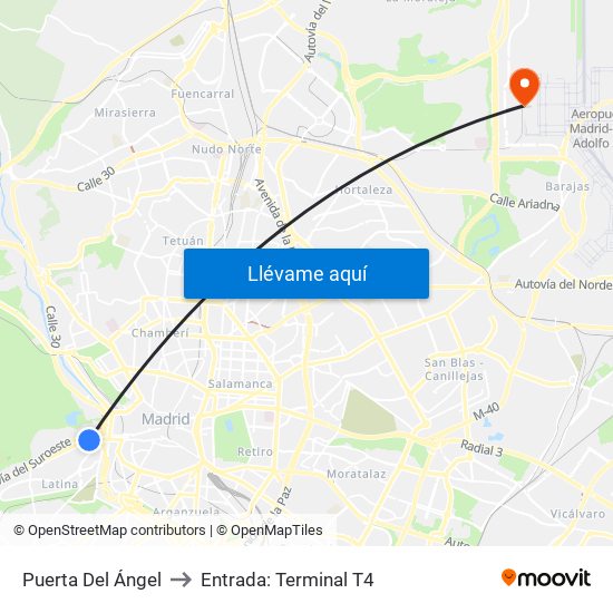Puerta Del Ángel to Entrada: Terminal T4 map