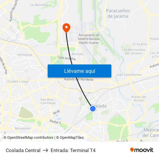 Coslada Central to Entrada: Terminal T4 map