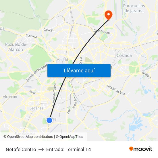 Getafe Centro to Entrada: Terminal T4 map