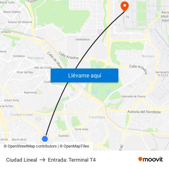 Ciudad Lineal to Entrada: Terminal T4 map