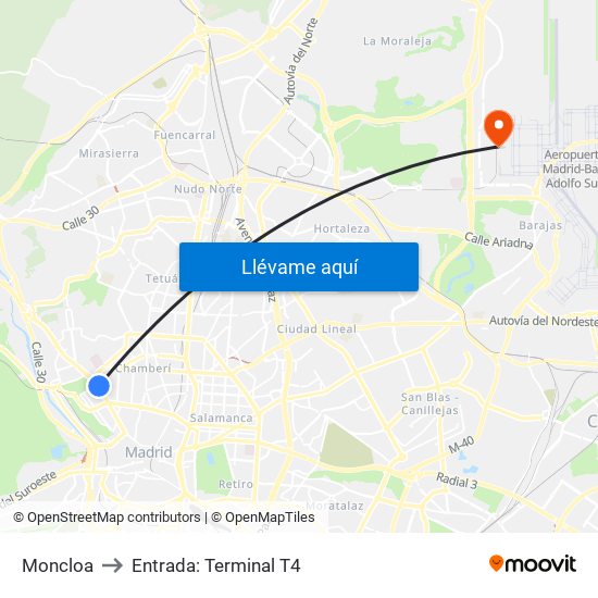 Moncloa to Entrada: Terminal T4 map