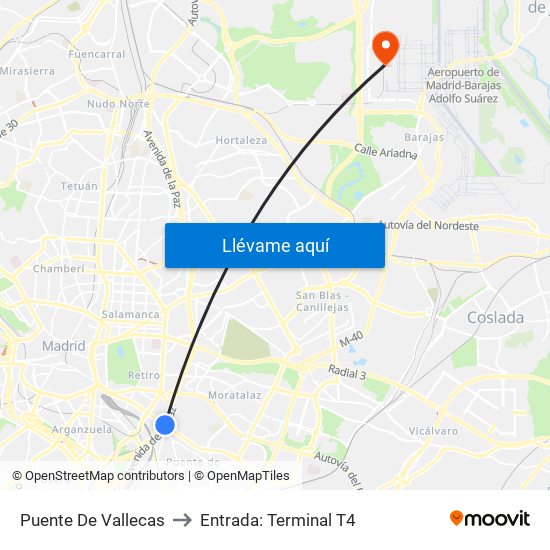 Puente De Vallecas to Entrada: Terminal T4 map