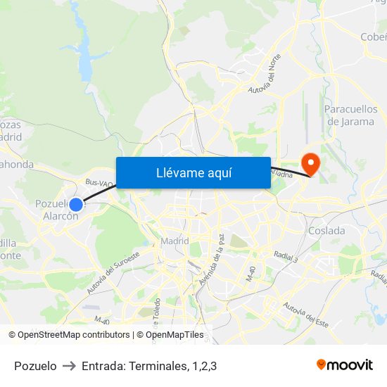 Pozuelo to Entrada: Terminales, 1,2,3 map