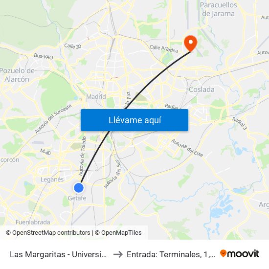 Las Margaritas - Universidad to Entrada: Terminales, 1,2,3 map
