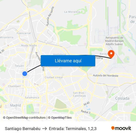 Santiago Bernabéu to Entrada: Terminales, 1,2,3 map