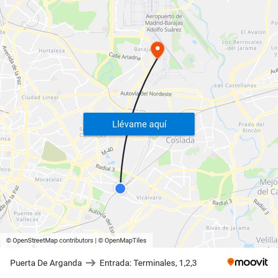 Puerta De Arganda to Entrada: Terminales, 1,2,3 map