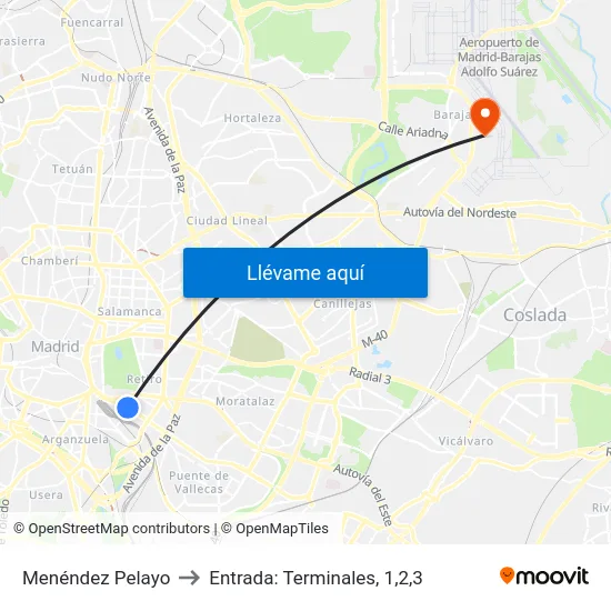 Menéndez Pelayo to Entrada: Terminales, 1,2,3 map