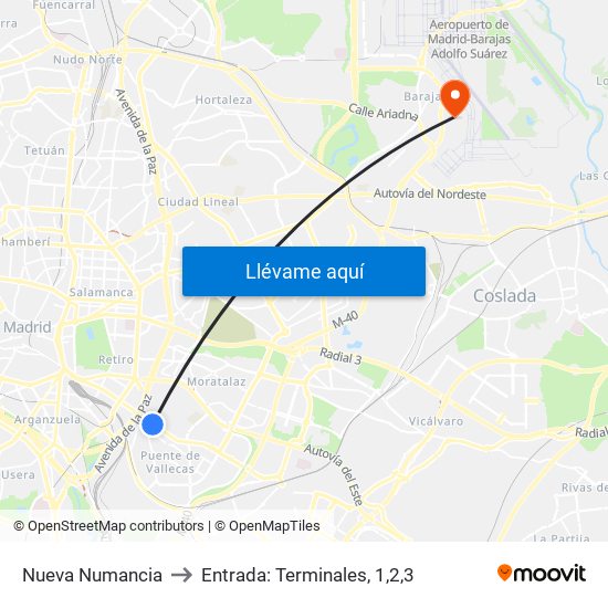 Nueva Numancia to Entrada: Terminales, 1,2,3 map