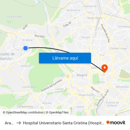 Aravaca to Hospital Universitario Santa Cristina (Hospital Univ. Santa Cristina) map