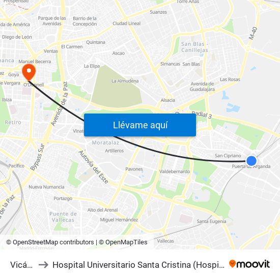 Vicálvaro to Hospital Universitario Santa Cristina (Hospital Univ. Santa Cristina) map