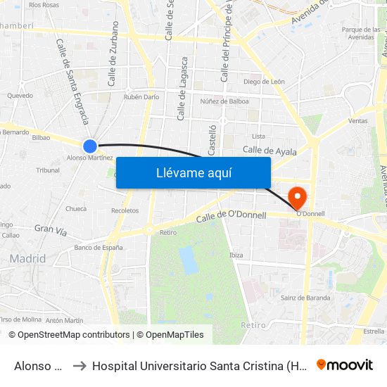 Alonso Martínez to Hospital Universitario Santa Cristina (Hospital Univ. Santa Cristina) map