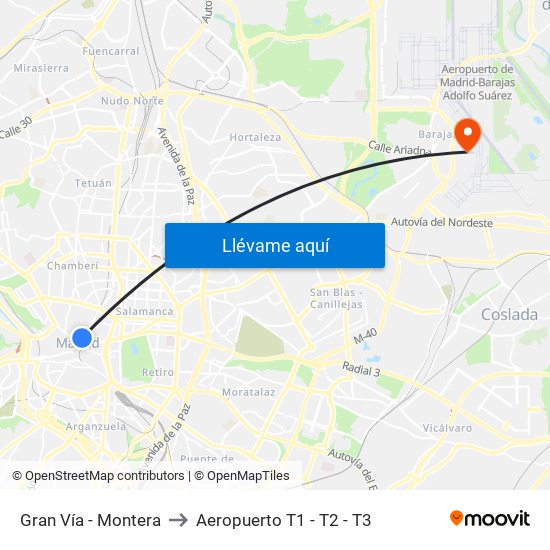 Gran Vía - Montera to Aeropuerto T1 - T2 - T3 map