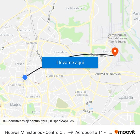 Nuevos Ministerios - Centro Comercial to Aeropuerto T1 - T2 - T3 map