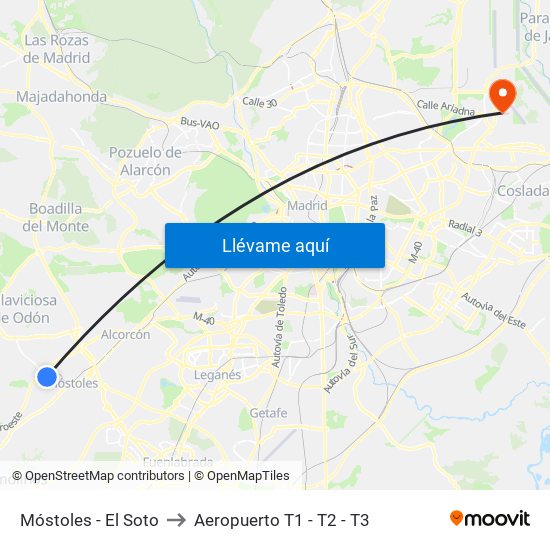 Móstoles - El Soto to Aeropuerto T1 - T2 - T3 map