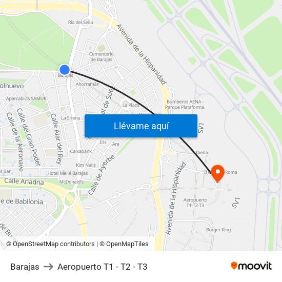 Barajas to Aeropuerto T1 - T2 - T3 map
