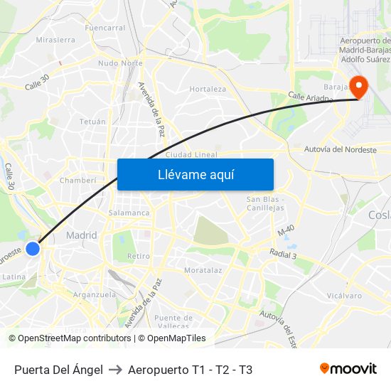 Puerta Del Ángel to Aeropuerto T1 - T2 - T3 map