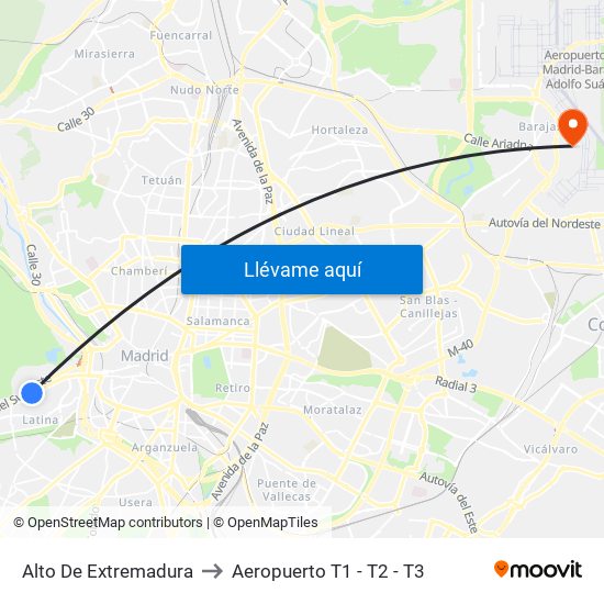 Alto De Extremadura to Aeropuerto T1 - T2 - T3 map