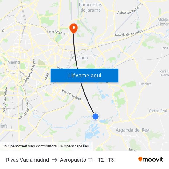 Rivas Vaciamadrid to Aeropuerto T1 - T2 - T3 map