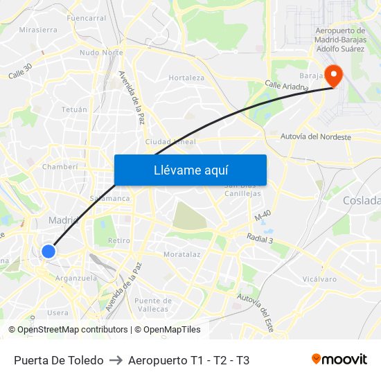 Puerta De Toledo to Aeropuerto T1 - T2 - T3 map