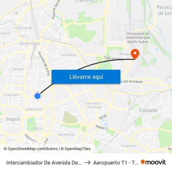 Intercambiador De Avenida De América to Aeropuerto T1 - T2 - T3 map