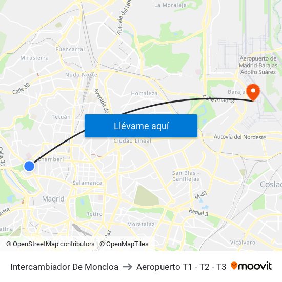 Intercambiador De Moncloa to Aeropuerto T1 - T2 - T3 map