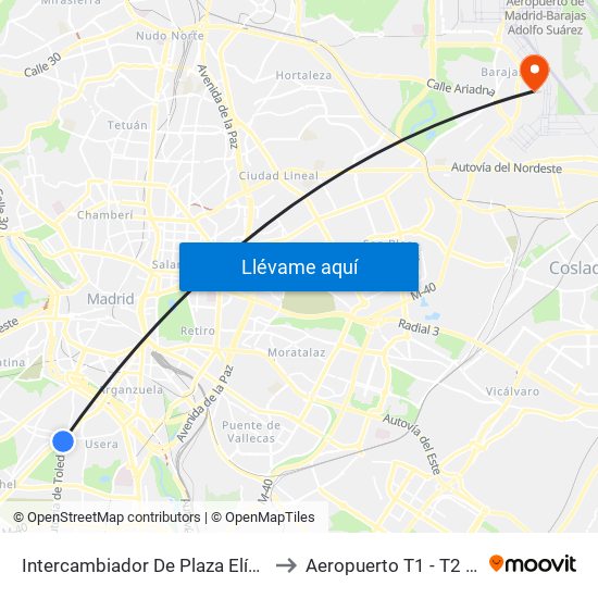Intercambiador De Plaza Elíptica to Aeropuerto T1 - T2 - T3 map