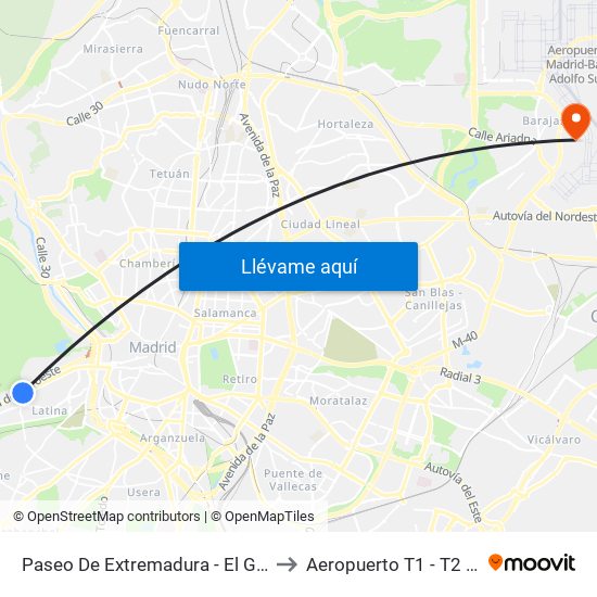 Paseo De Extremadura - El Greco to Aeropuerto T1 - T2 - T3 map