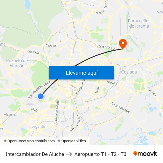 Intercambiador De Aluche to Aeropuerto T1 - T2 - T3 map