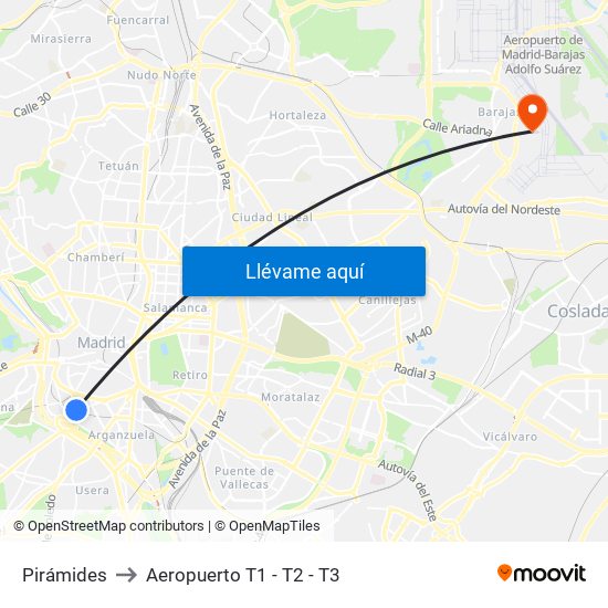 Pirámides to Aeropuerto T1 - T2 - T3 map