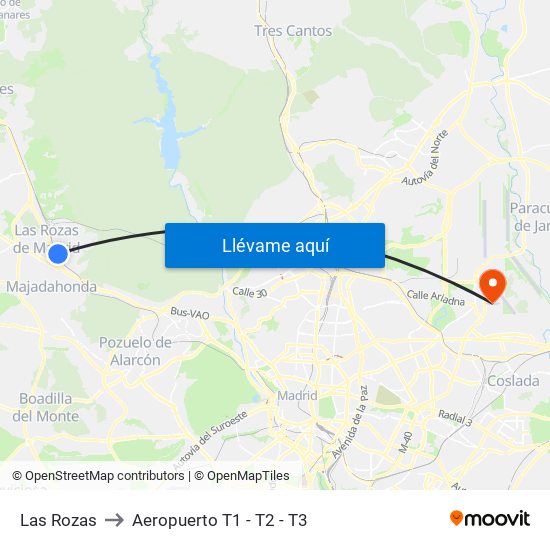 Las Rozas to Aeropuerto T1 - T2 - T3 map