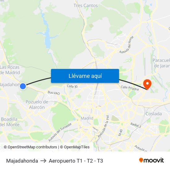 Majadahonda to Aeropuerto T1 - T2 - T3 map