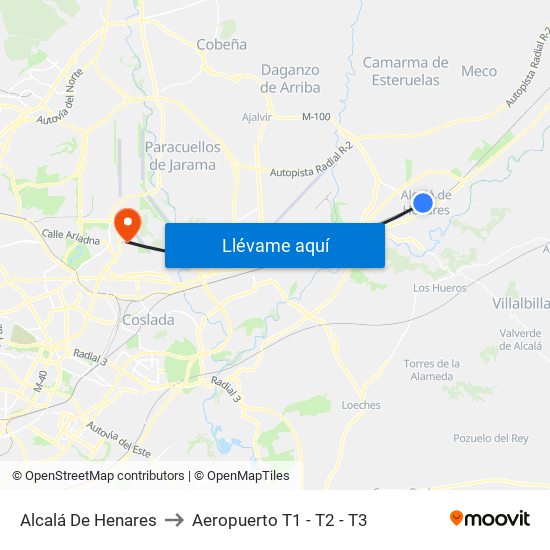 Alcalá De Henares to Aeropuerto T1 - T2 - T3 map