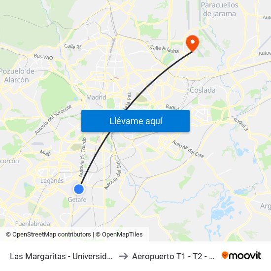 Las Margaritas - Universidad to Aeropuerto T1 - T2 - T3 map