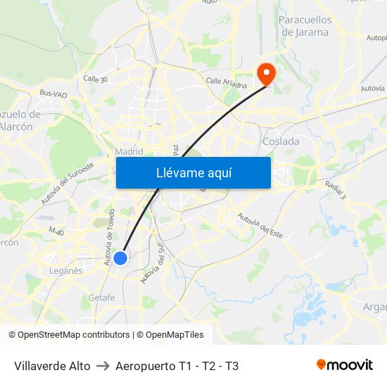 Villaverde Alto to Aeropuerto T1 - T2 - T3 map