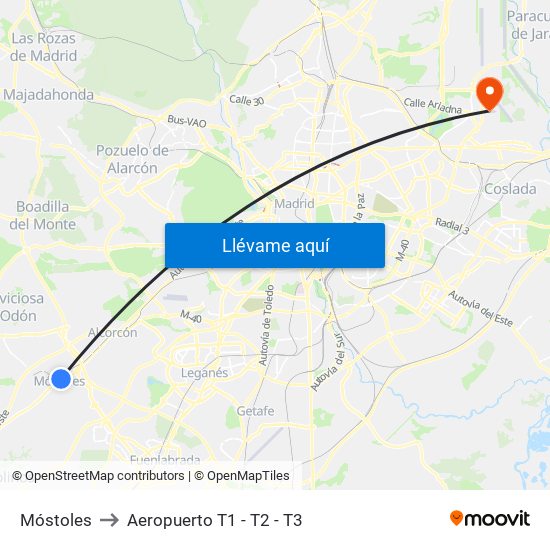 Móstoles to Aeropuerto T1 - T2 - T3 map