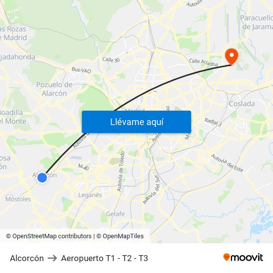 Alcorcón to Aeropuerto T1 - T2 - T3 map