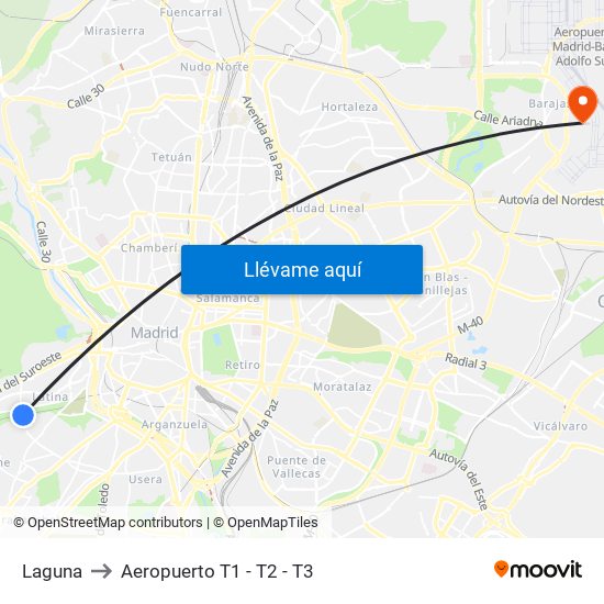 Laguna to Aeropuerto T1 - T2 - T3 map