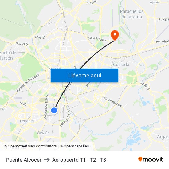 Puente Alcocer to Aeropuerto T1 - T2 - T3 map