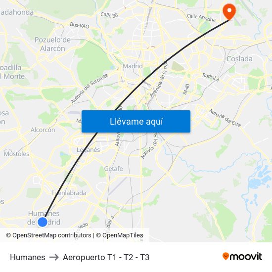 Humanes to Aeropuerto T1 - T2 - T3 map
