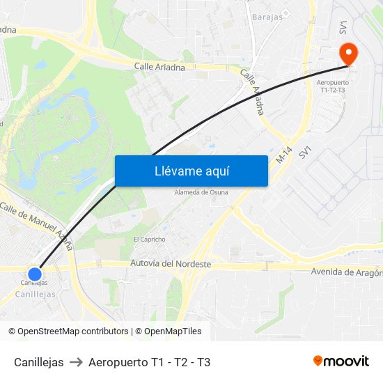 Canillejas to Aeropuerto T1 - T2 - T3 map