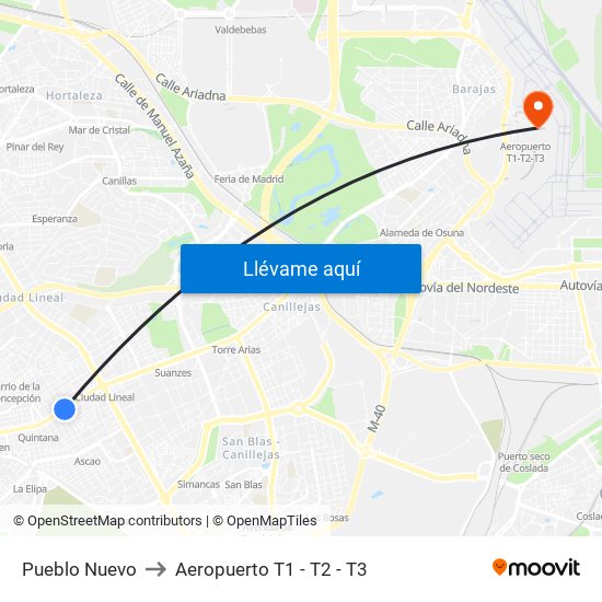 Pueblo Nuevo to Aeropuerto T1 - T2 - T3 map