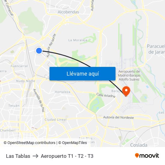 Las Tablas to Aeropuerto T1 - T2 - T3 map