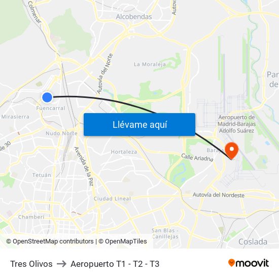 Tres Olivos to Aeropuerto T1 - T2 - T3 map