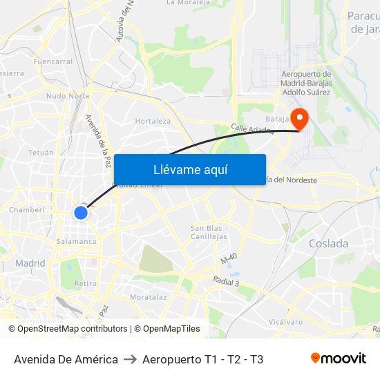 Avenida De América to Aeropuerto T1 - T2 - T3 map