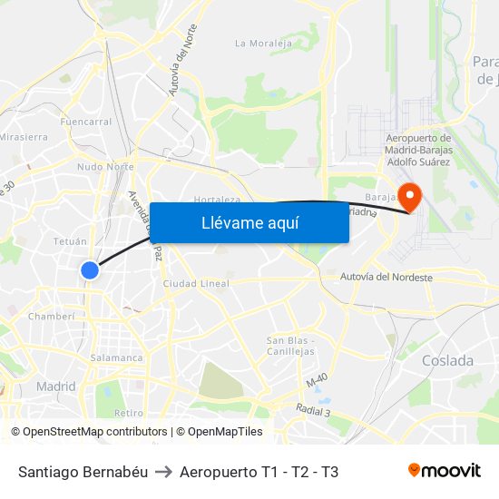 Santiago Bernabéu to Aeropuerto T1 - T2 - T3 map