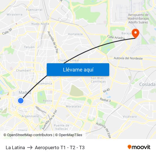 La Latina to Aeropuerto T1 - T2 - T3 map